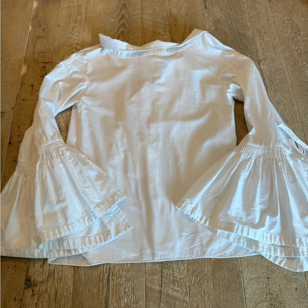 Teija White Blouse Bell Sleeved Peekaboo Back w Tie